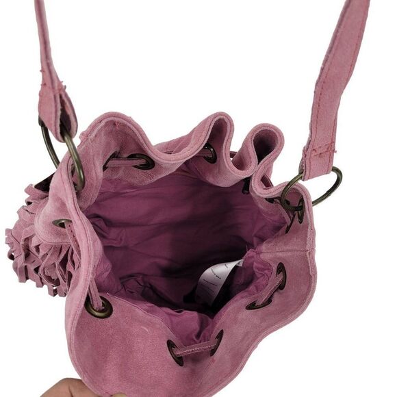 Chocolate New York Crossbody Hobo Bucket Bag Pink Suede Leather Fringe Boho - Picture 10 of 13